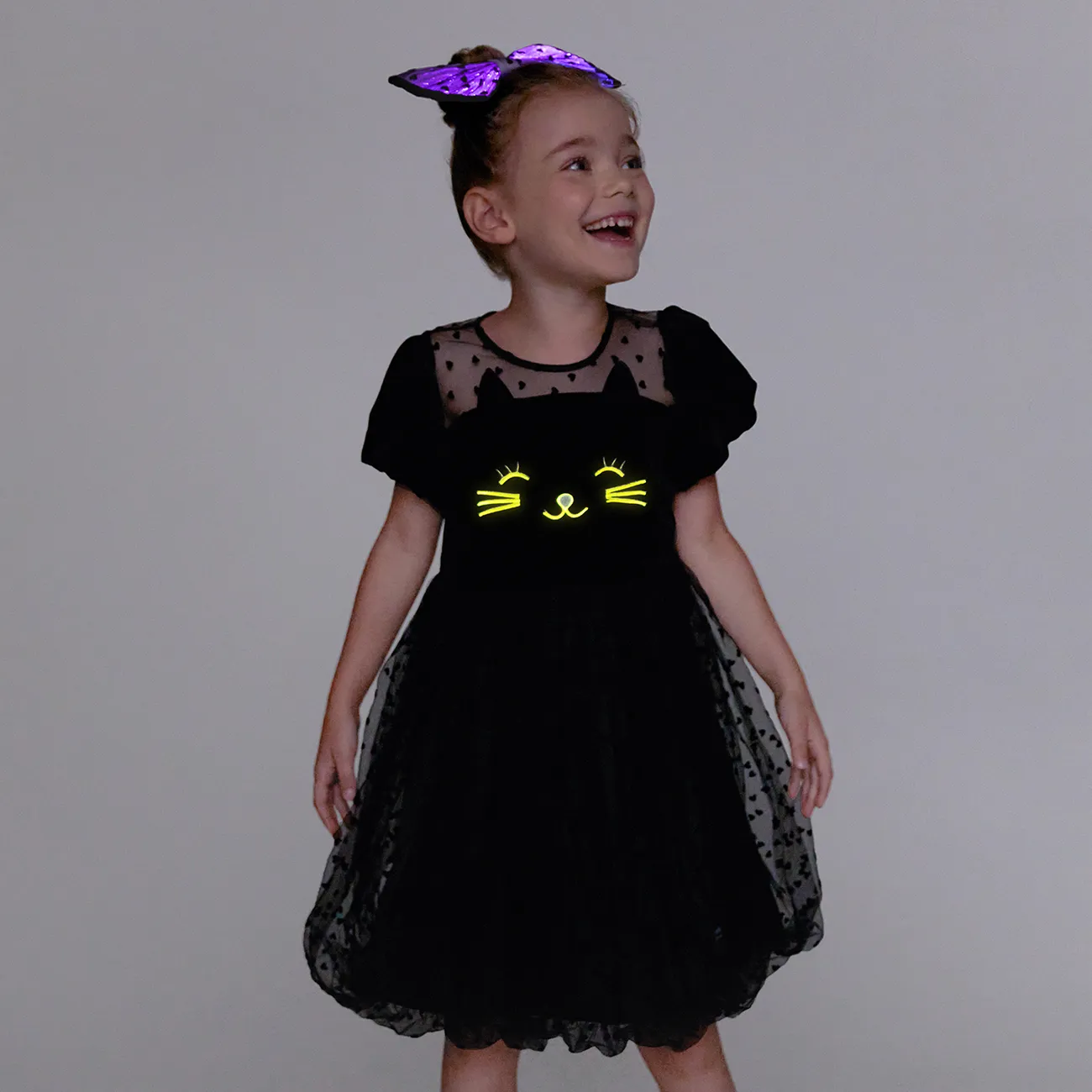 Go-Glow Illuminating Toddler Dress with Light Up Cat Pattern Including Controller (Battery Inside) Black big image 1