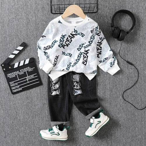 2pcs Toddler Boy Trendy Letter Print Sweatshirt & Ripped Denim Jeans Set