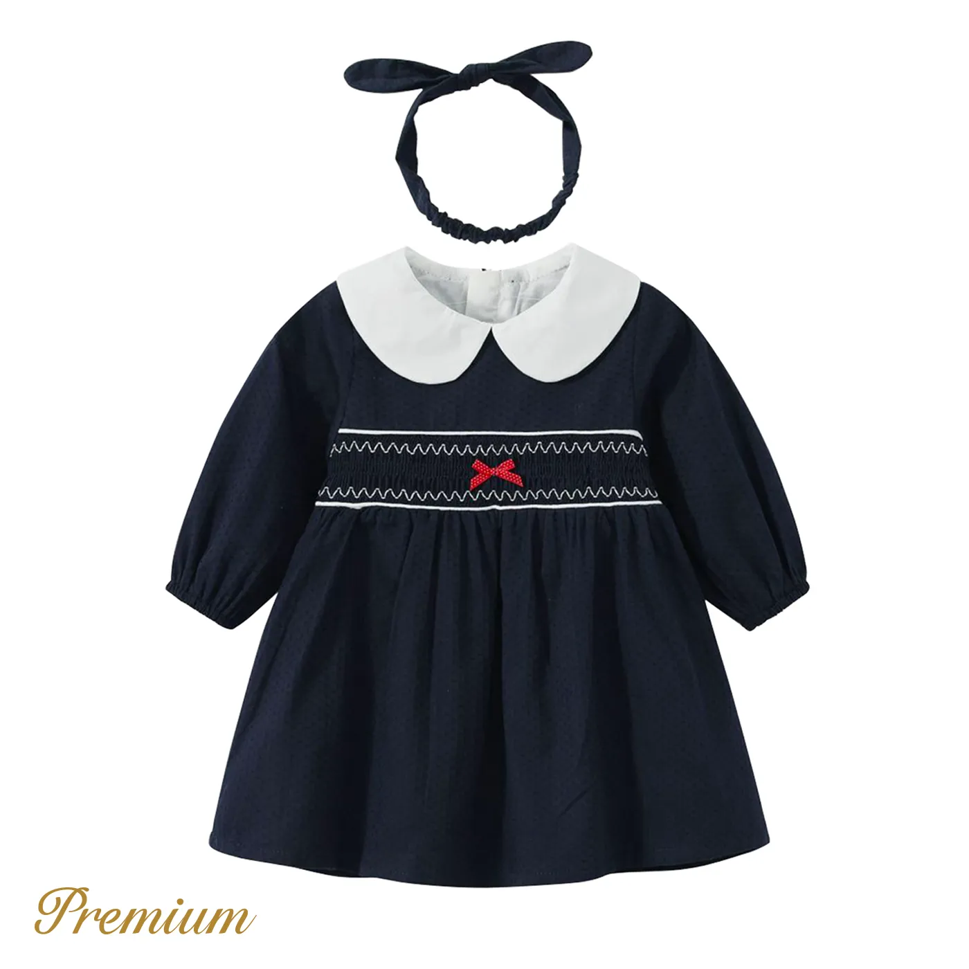 Medium Thickness Long Sleeve Elegant Polka Dot Smocking Dress Set For Baby Girls
