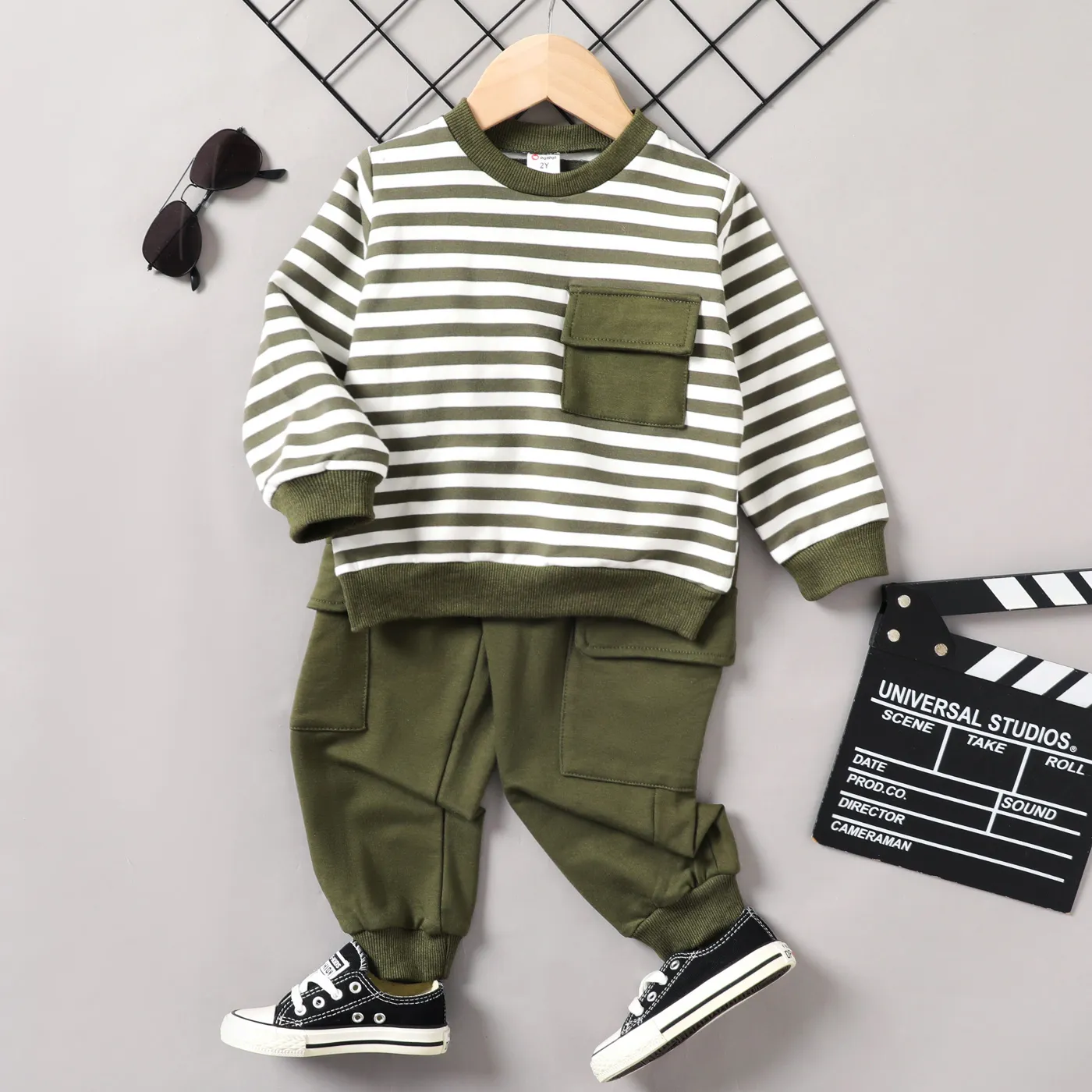 2pcs Todder Boy Cotton Stripe Set With Patch Pocket