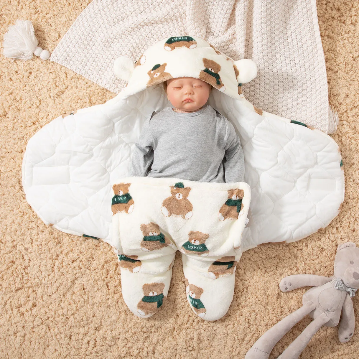 Baby Thickened Flannel Sleeping Bag with Bear Design  big image 1