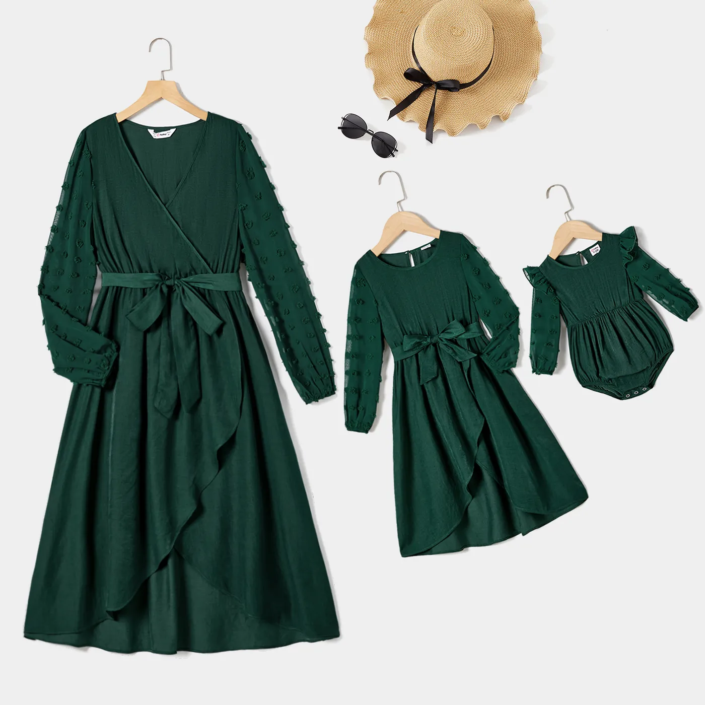 Mommy and Me Black Swiss Dot Long-sleeve Ruffle Trim Tulip Hem Dresses