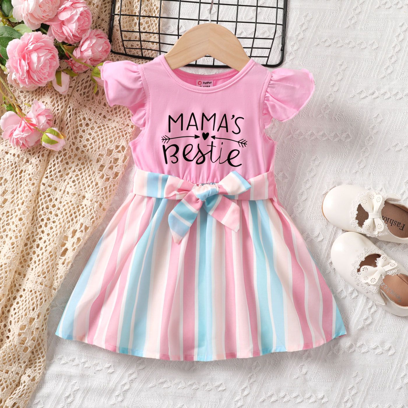 

Baby Girl Letter Print Stripe Panel Flutter-sleeve Belted Dress