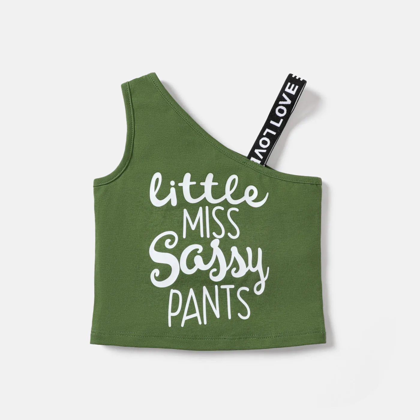 Baby Girl Letters Print Sloping Shoulders Single Slip Top Army green big image 1
