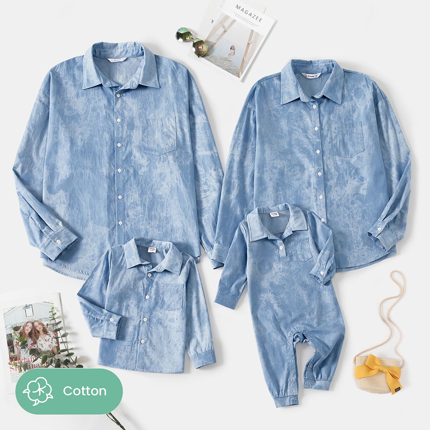 Family Matching Cotton Long-sleeve Blue Tie Dye Tops