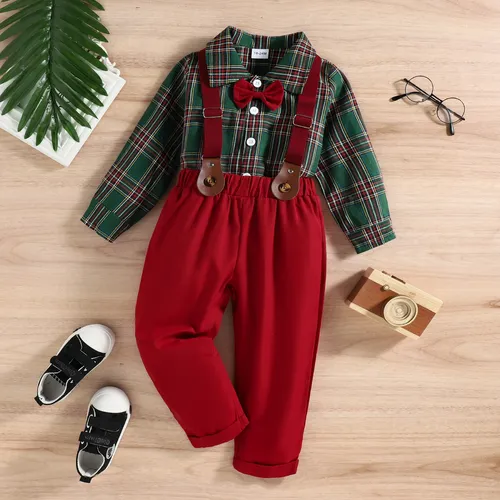 3pcs Toddler Boy Christmas Classic Grid Cotton Set with Lapel