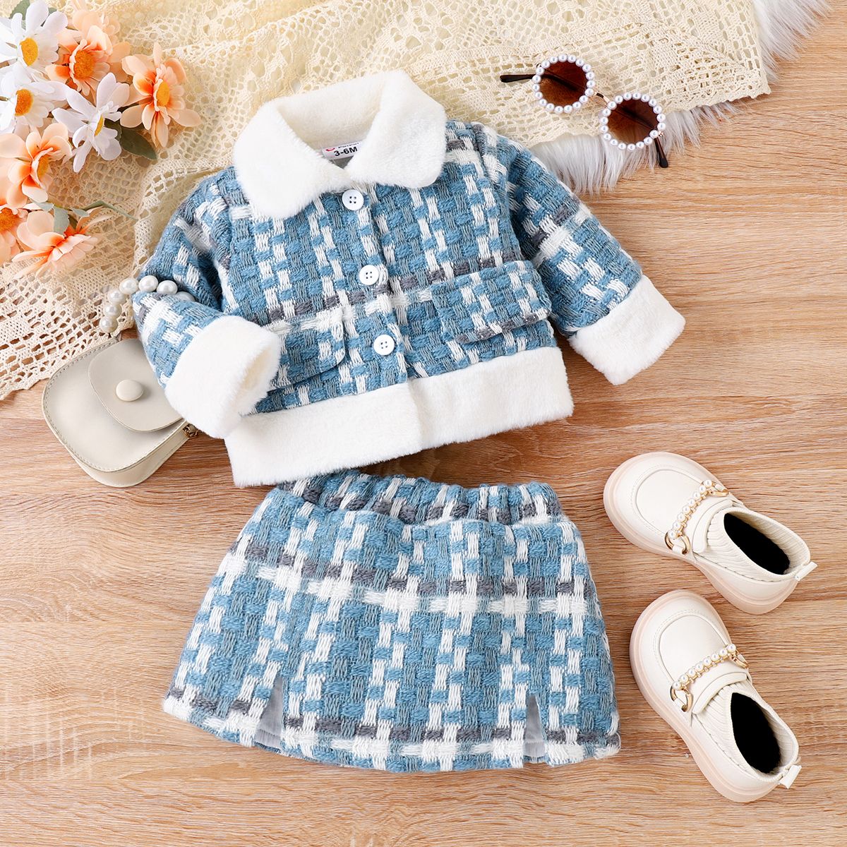 

2PCS Baby Girl Sweet Grid Lapel Long Sleeve Dress Set