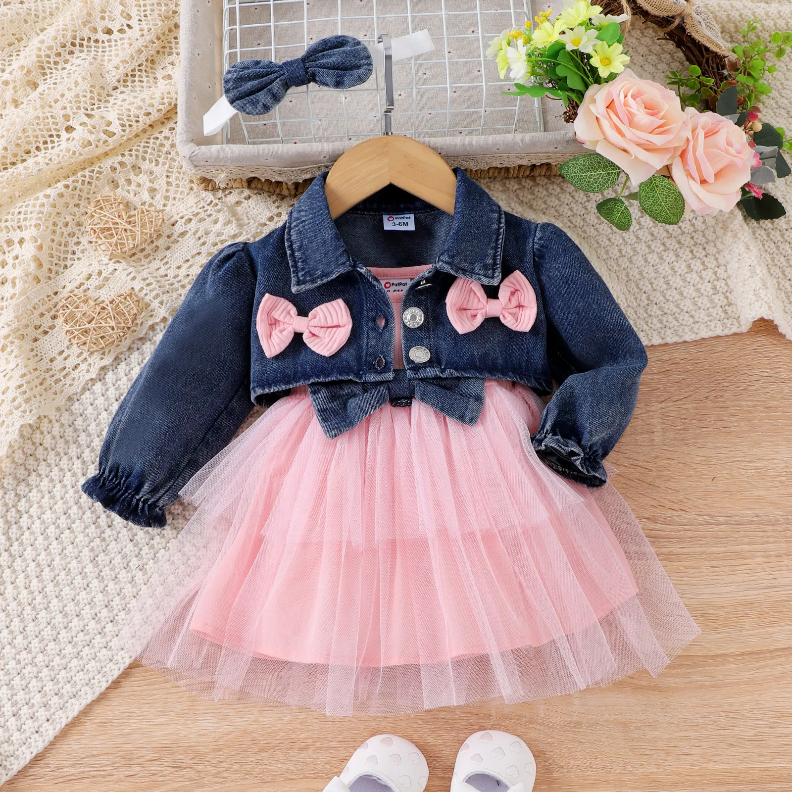 3PCS Baby Girl Sweet 3D Design Denim Suit-Dress  Pink big image 1