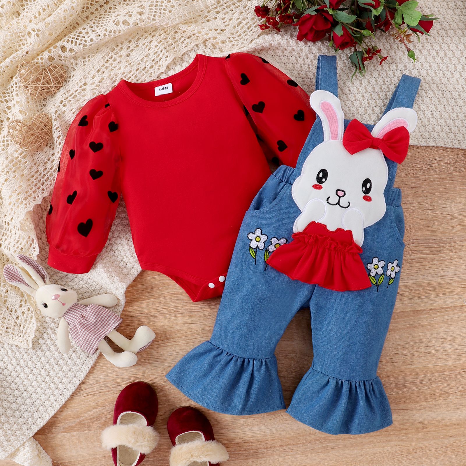 2PCS Baby Girl Sweet Bunny Applique Embroidery Long Sleeve Denim  Set