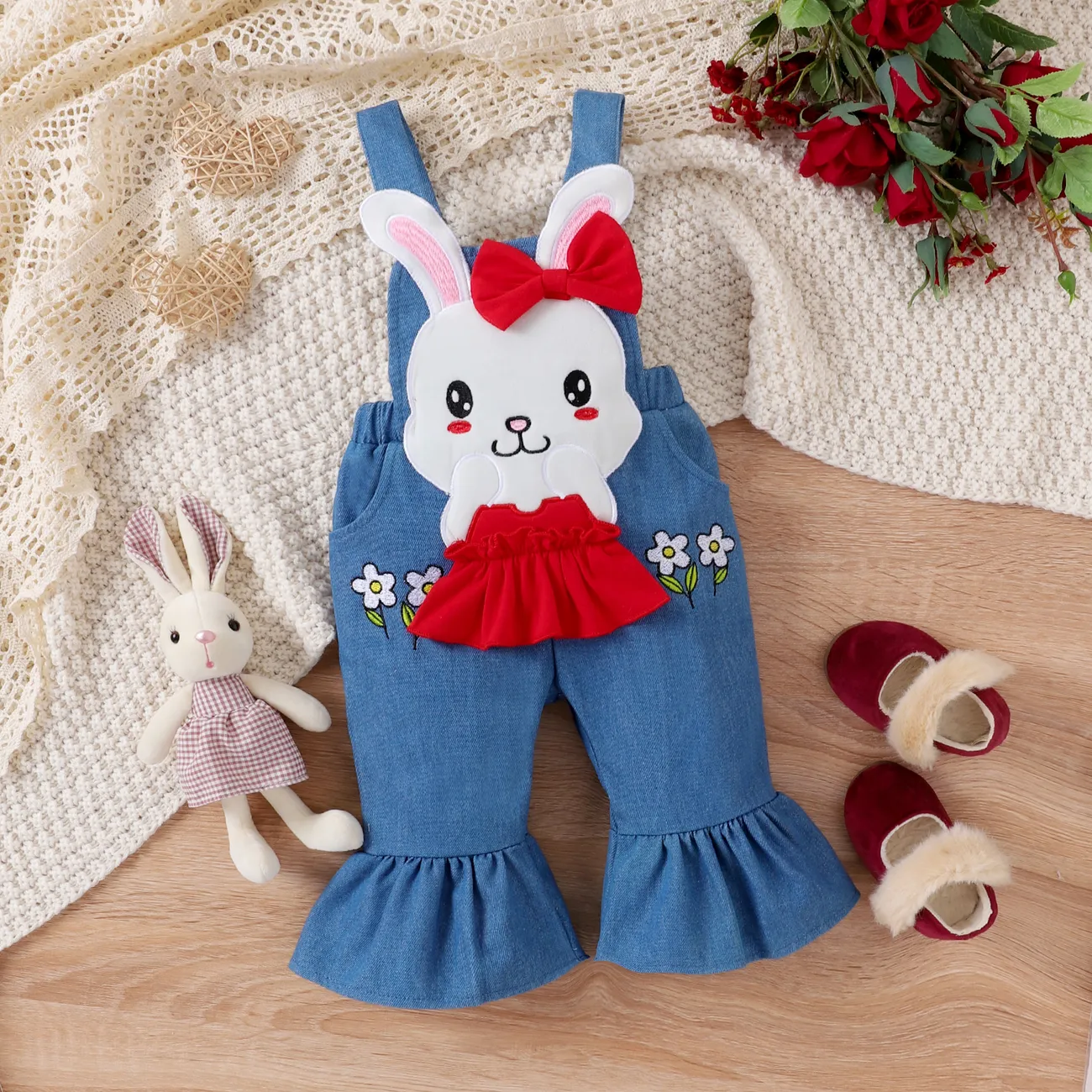2PCS Baby Girl Sweet Bunny Applique Embroidery Long Sleeve Denim  Set Red big image 1