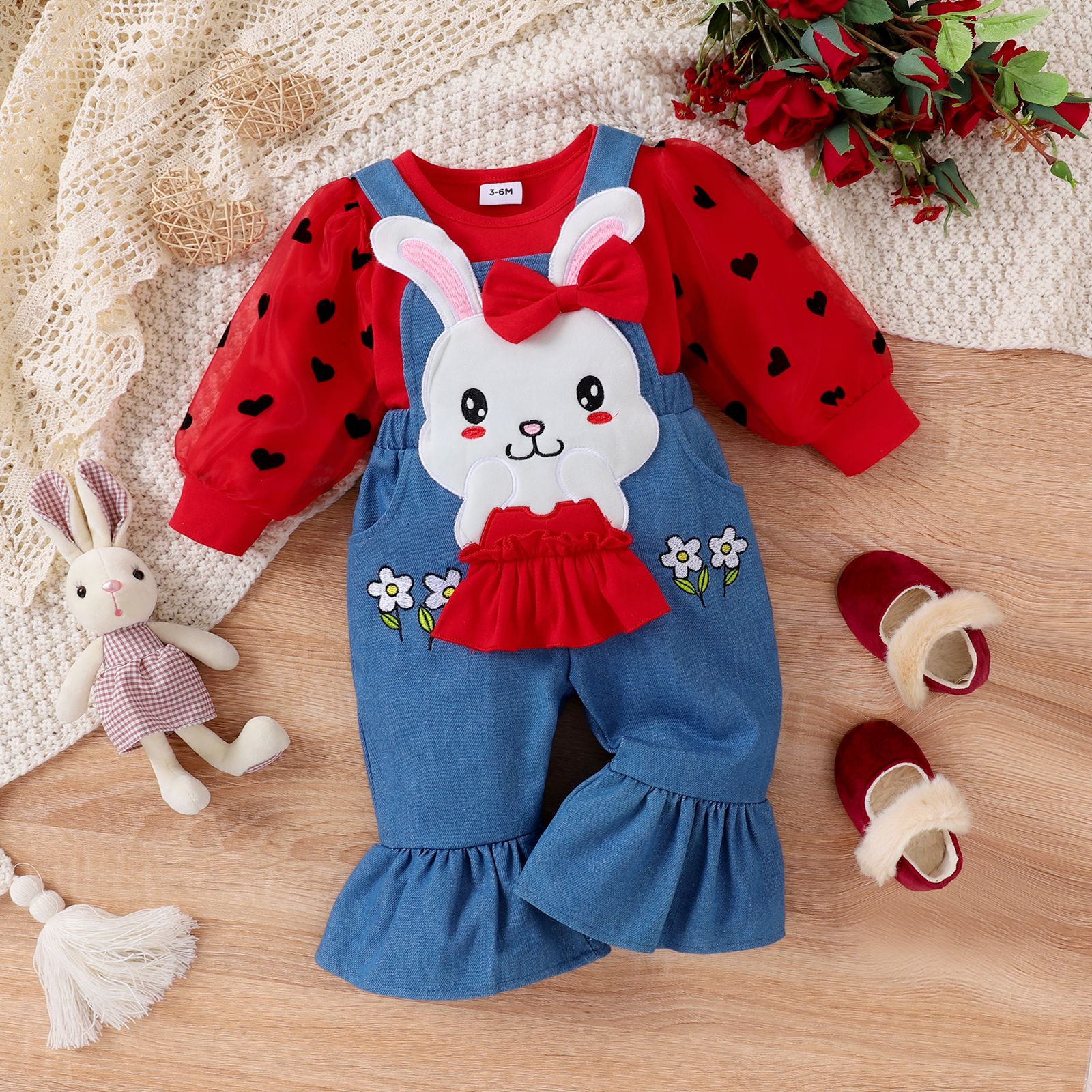 2件 嬰兒 女 布料拼接 兔仔 甜美 長袖 嬰兒套裝