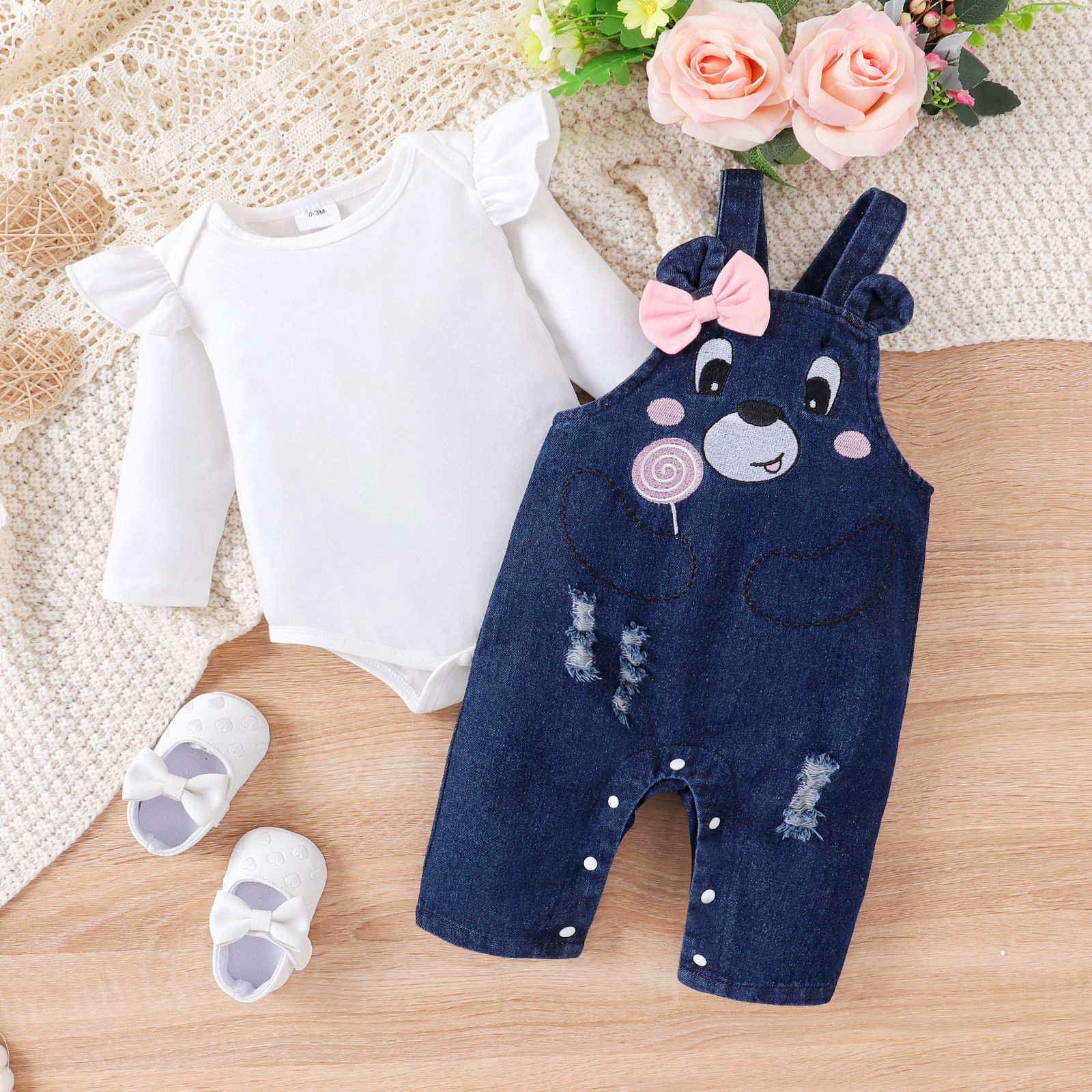 

2PCS Baby Girl Childlike Animal Pattern Ruffle Edge Denim Set