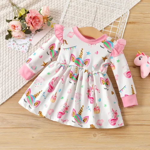 Baby Girl Sweet Ruffle Edge Animal Unicorn Pattern Long Sleeve Dress 