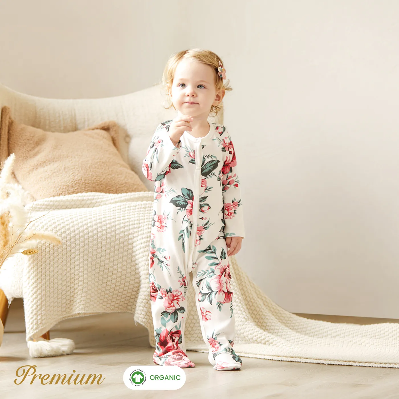 2pcs Organic Cotton Set Sweet Floral Jumpsuit for Baby Girls Pink image 3