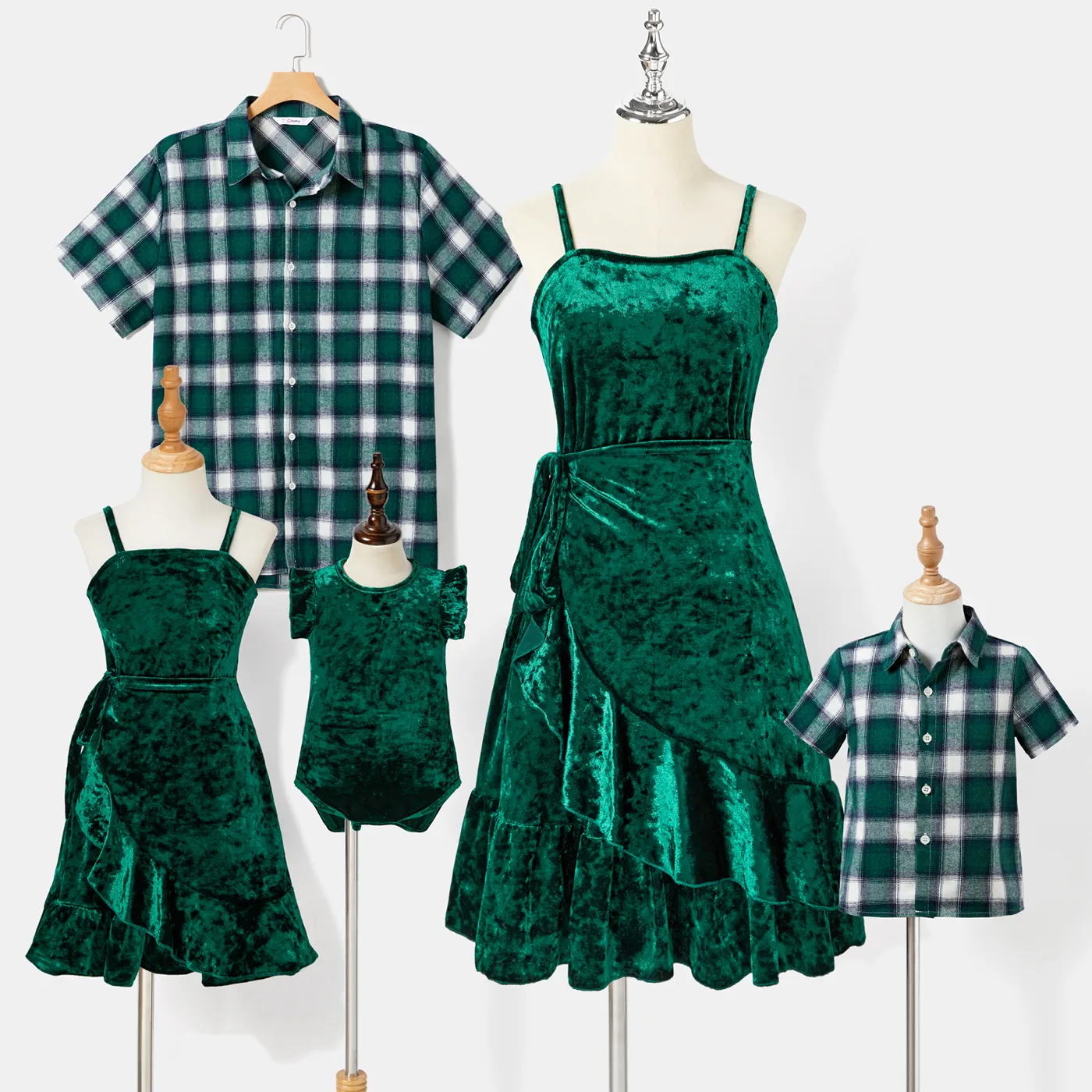 

Family Matching Green Velvet Ruffle-sleeve Strappy Dresses and Plaid Short-sleeve Shirts Sets