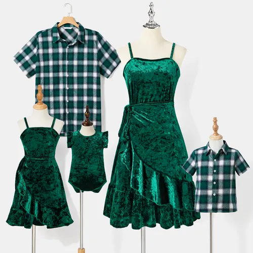 Family Matching Green Velvet Ruffle-sleeve Strappy Dresses and Plaid Short-sleeve Shirts Sets
