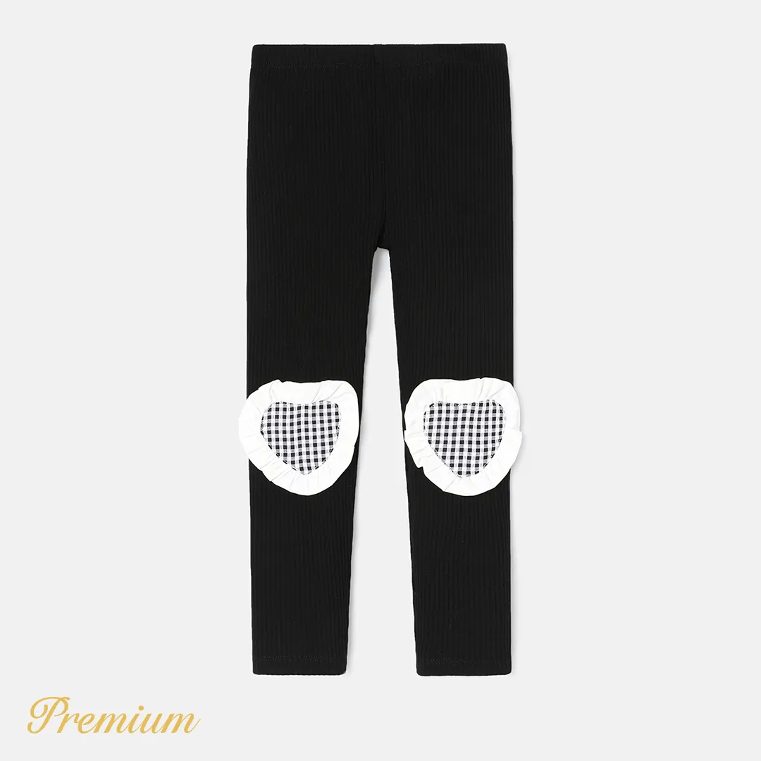 Toddler Girl Cotton Heart Embroidered Elasticized Leggings Black