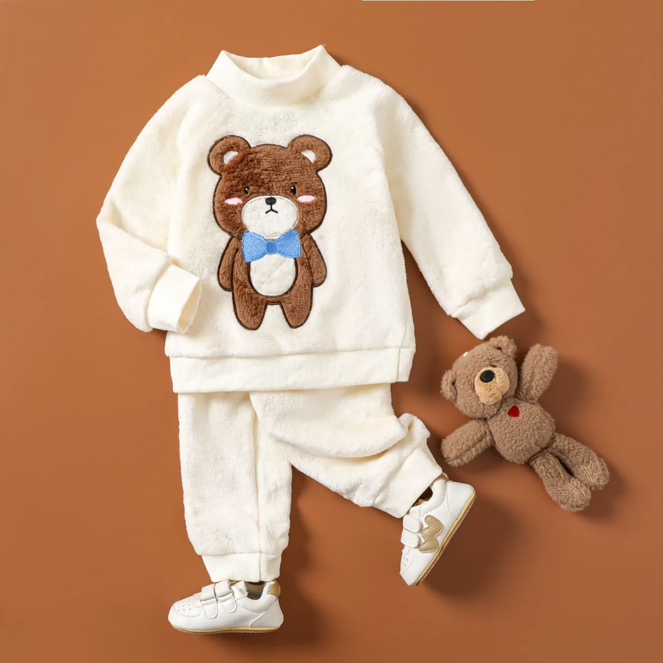 2pcs Baby Girl/Boy Bear Pattern Set Beige big image 1