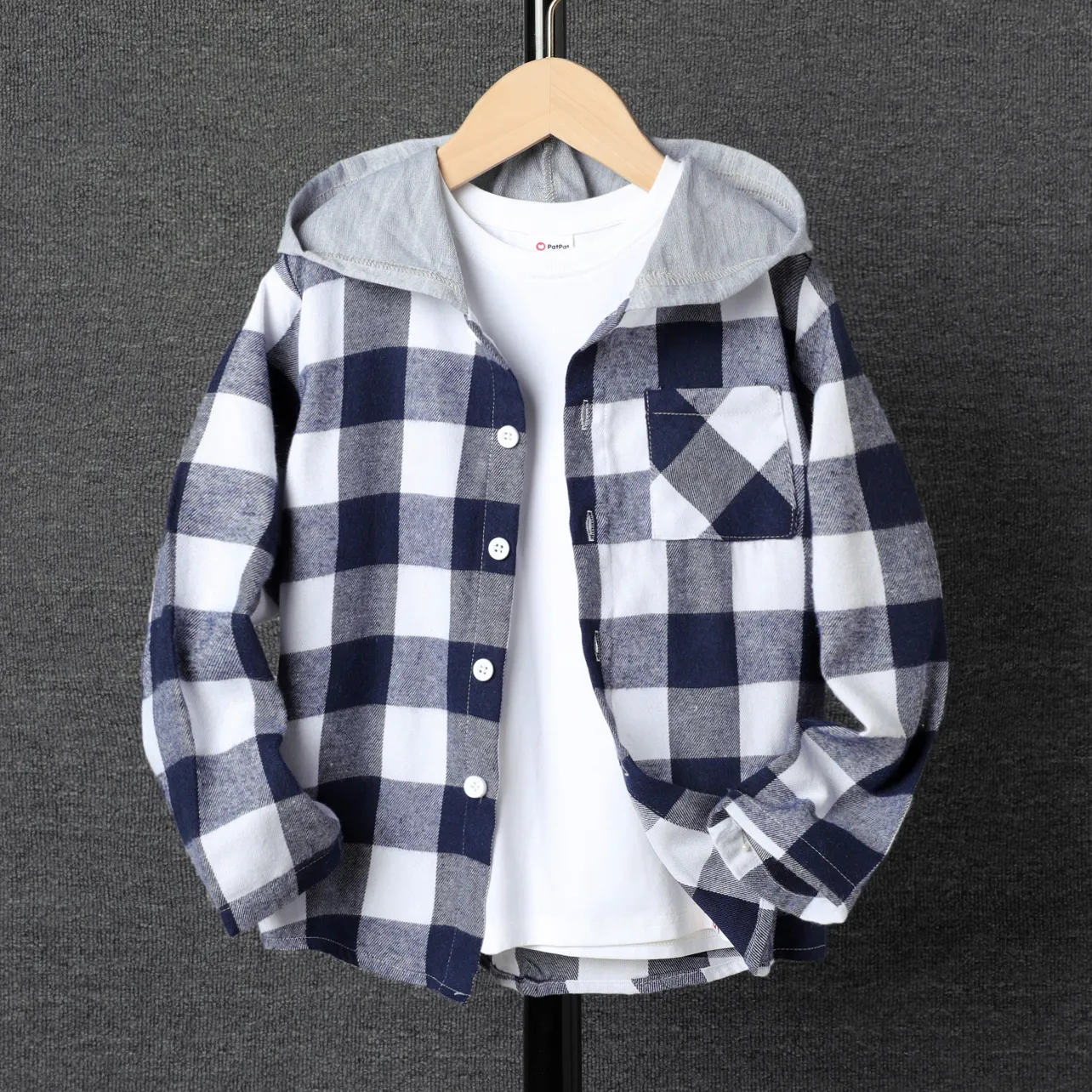 Kid Boy Casual Grid Hooded Top BlackandWhite big image 1