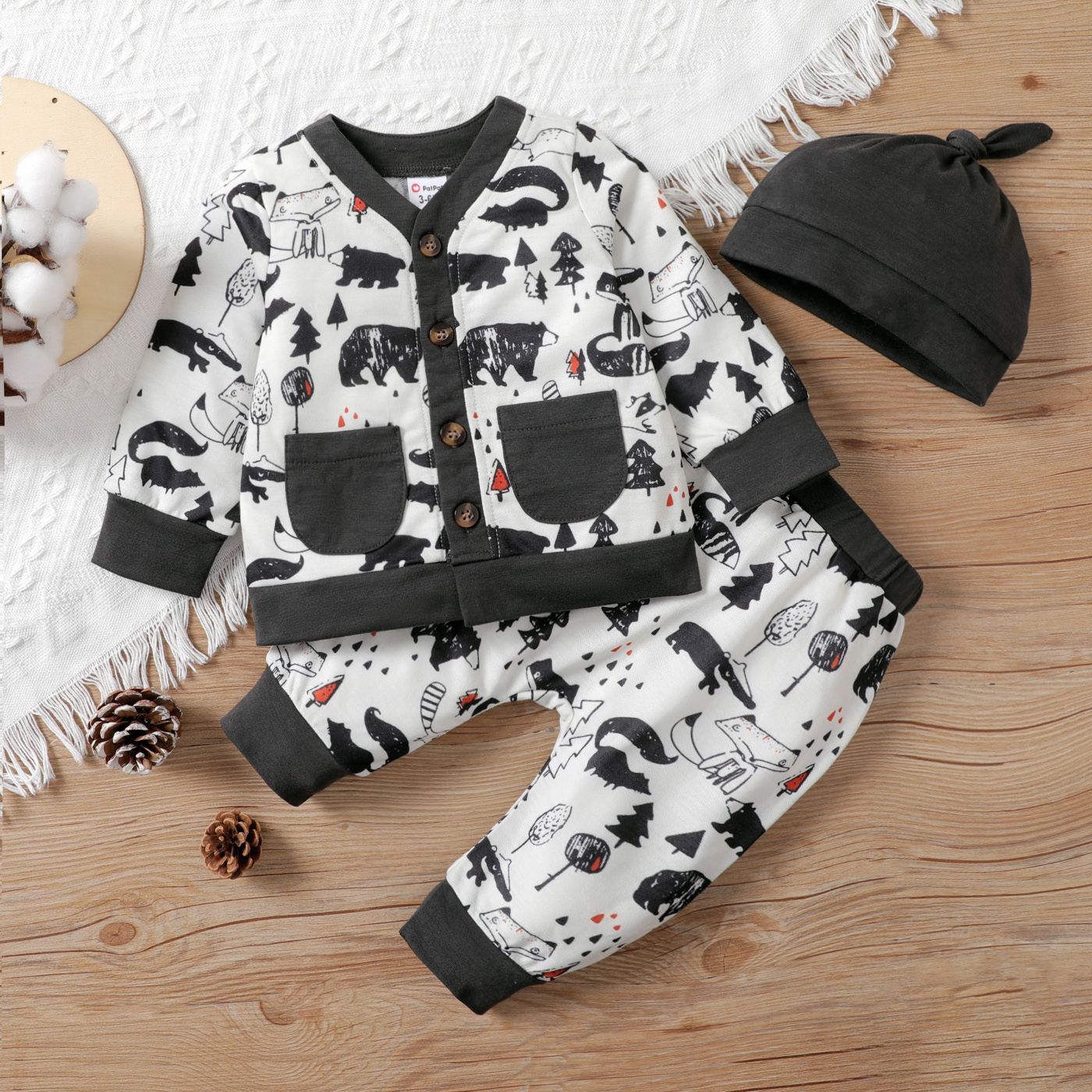 

3pcs Baby Boy Childlike Animal Pattern Long Sleeve Set