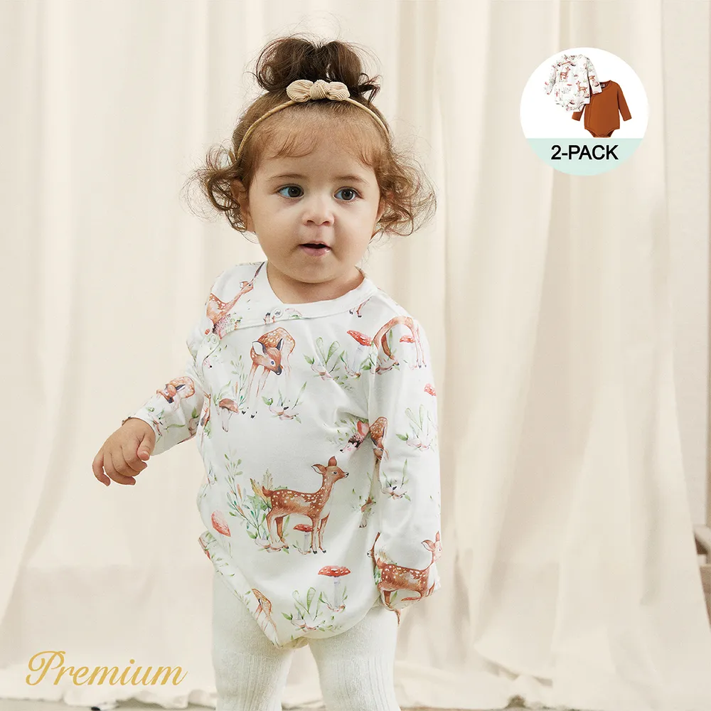 2-Pack Baby Girl Long-sleeve Solid Cotton and Allover Deer Print Naia™ Rompers Set  big image 2