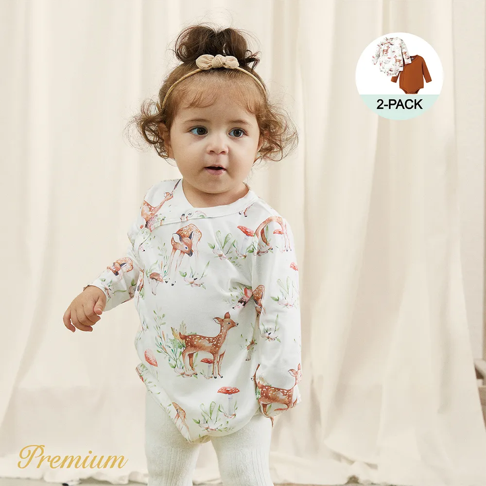 2-Pack Baby Girl Long-sleeve Solid Cotton and Allover Deer Print Naia™ Rompers Set big image 2