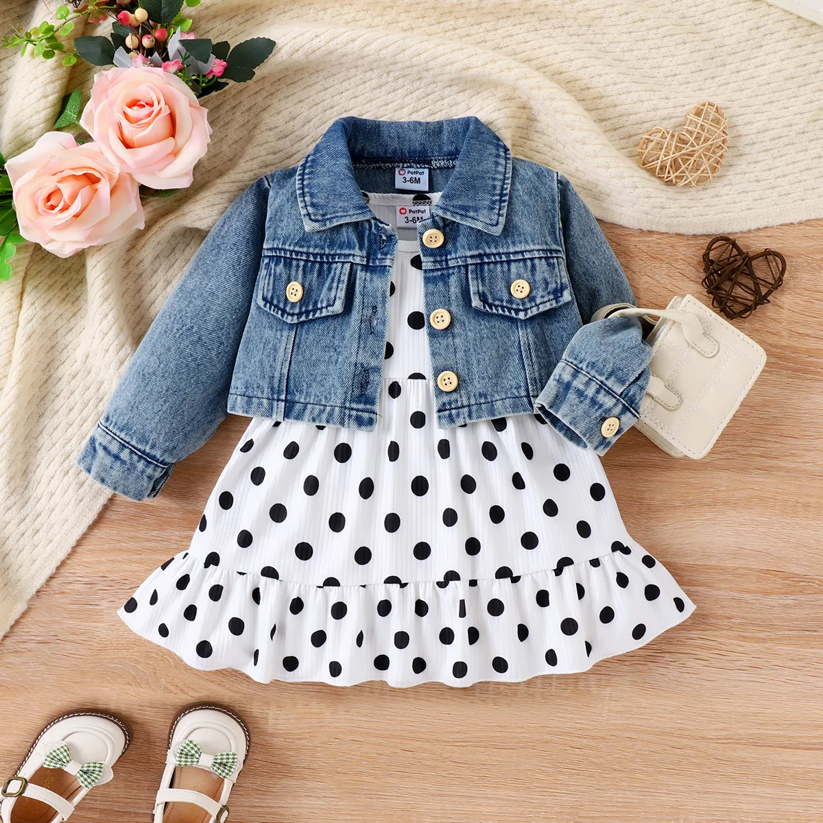 2PCS Girls' Sweet Polka Dot Lapel Long Sleeve Dress Set toddler Blue