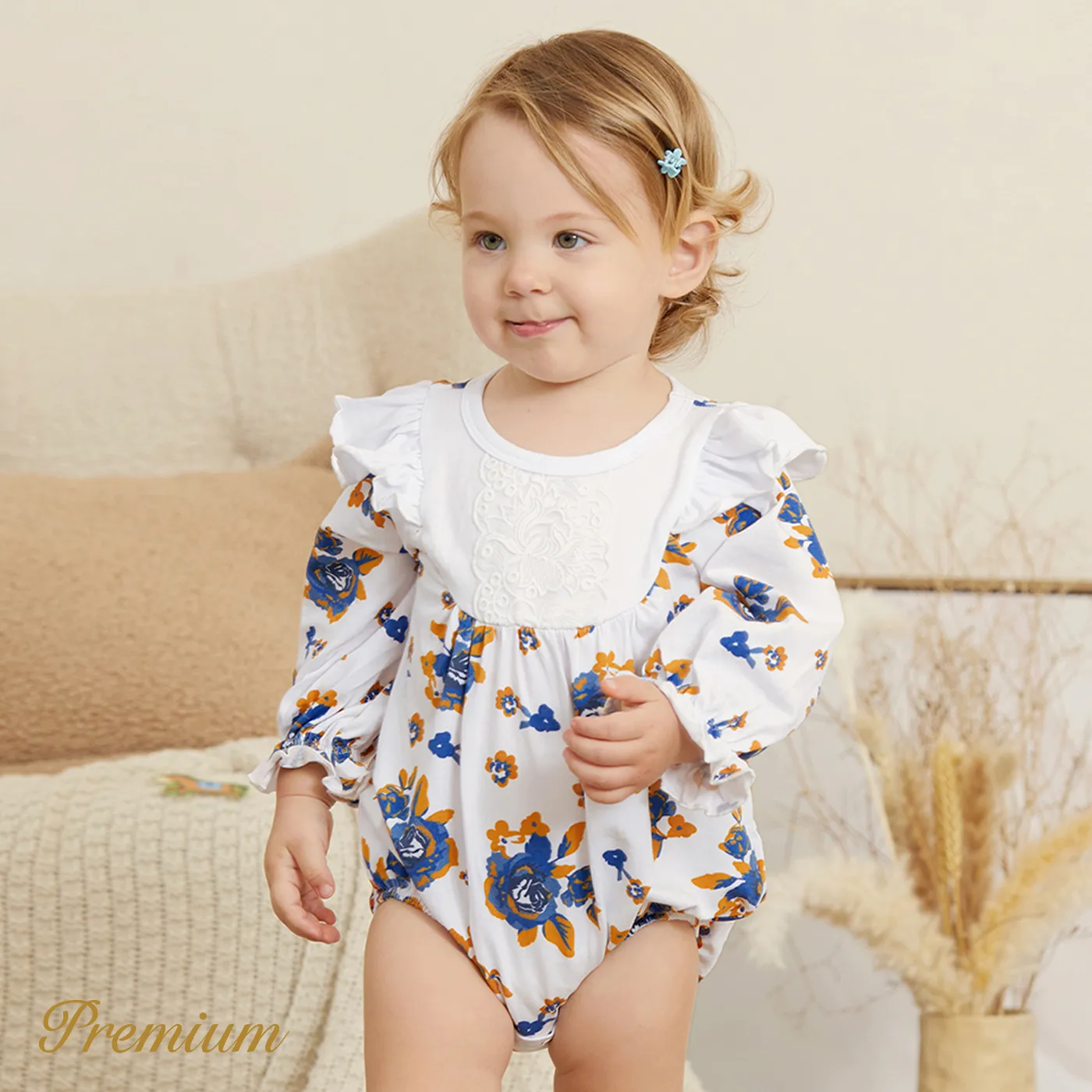 Medium Thickness Elegant Floral Ruffle Romper for Baby Girl