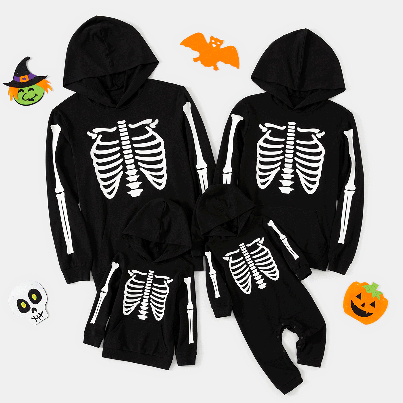 Halloween Glow In The Dark Skeleton Print Black Family Matching Long-sleeve Hoodies