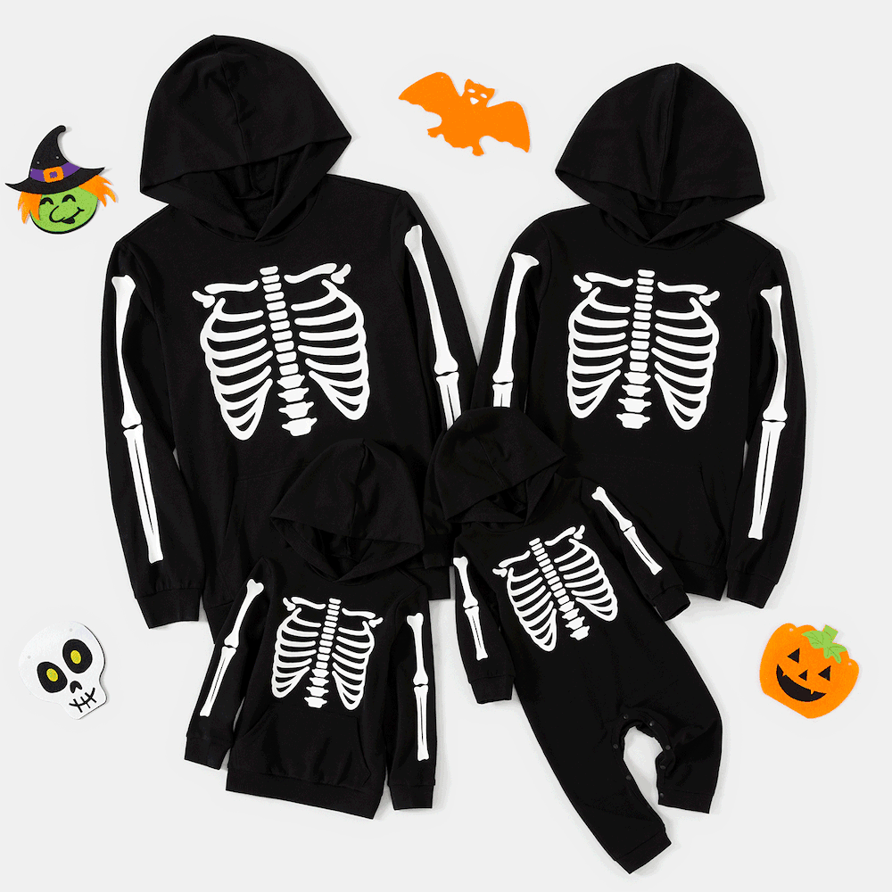 Halloween Glow In The Dark Skeleton Print Black Family Matching Long-sleeve Hoodies  big image 2