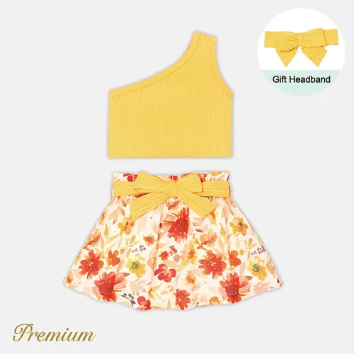 3pcs Baby Girl 100% Cotton Floral Print Belted Skirt and Solid Ribbed One Shoulder Tank Crop Top & Headband Set