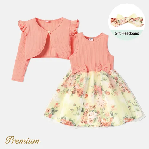 3pcs Toddler Girl Floral Print Mesh Splice Dress & Ruffled Cardigan and Headband Set