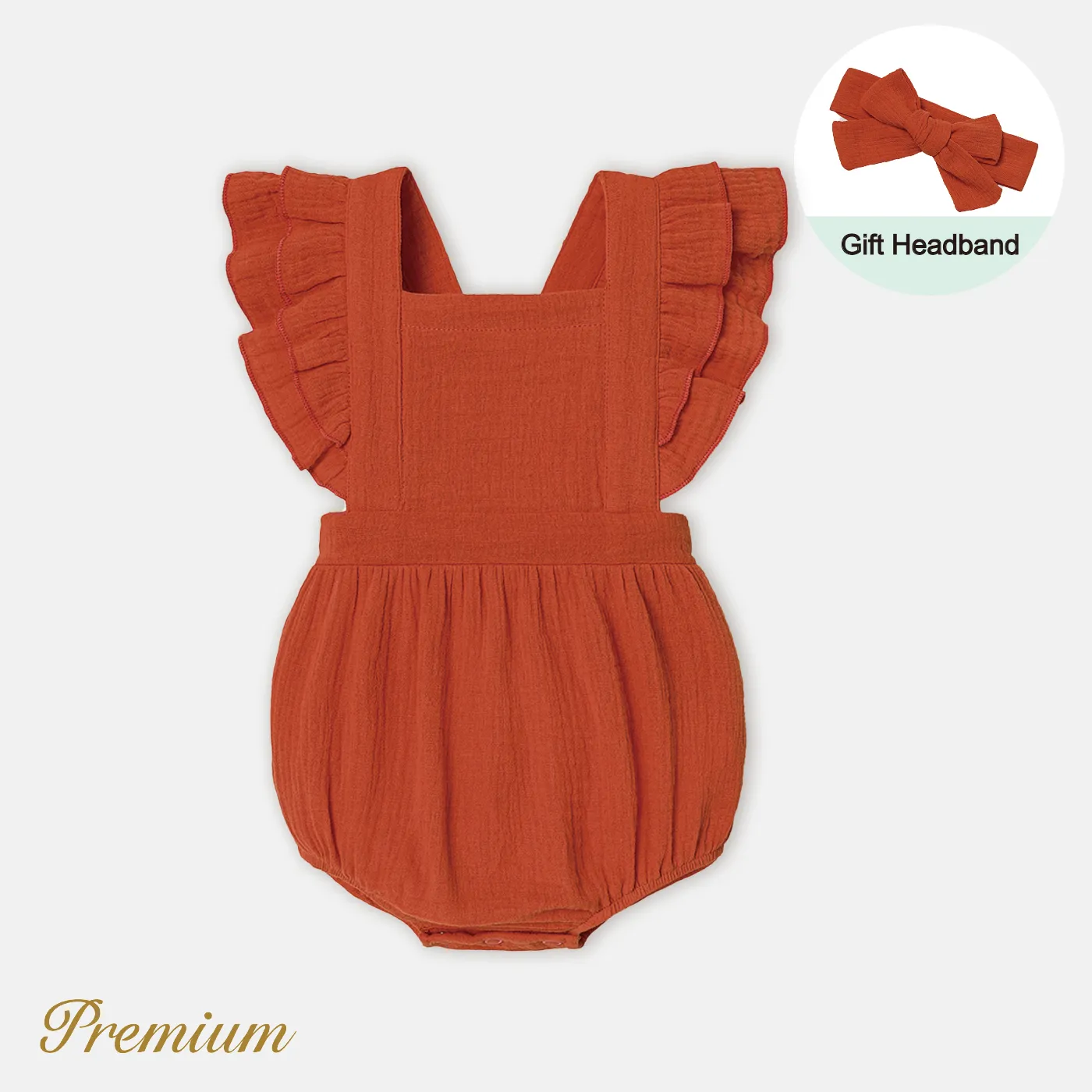 2pcs Baby Girl 100% Cotton Crepe Solid Layered Ruffle Trim Romper & Headband Set