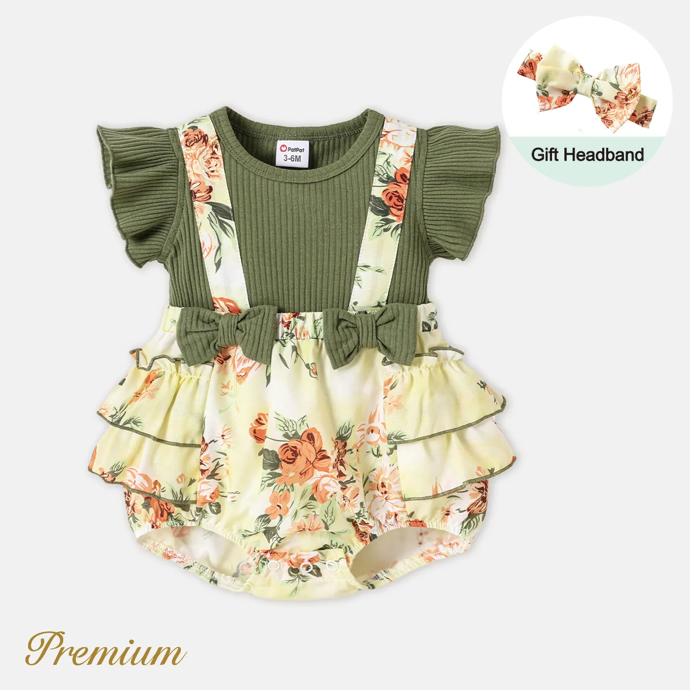 2pcs Baby Girl Solid Ribbed & Floral-print Spliced Bow Front Layered Ruffle Trim Short-sleeve Romper With Headband Set