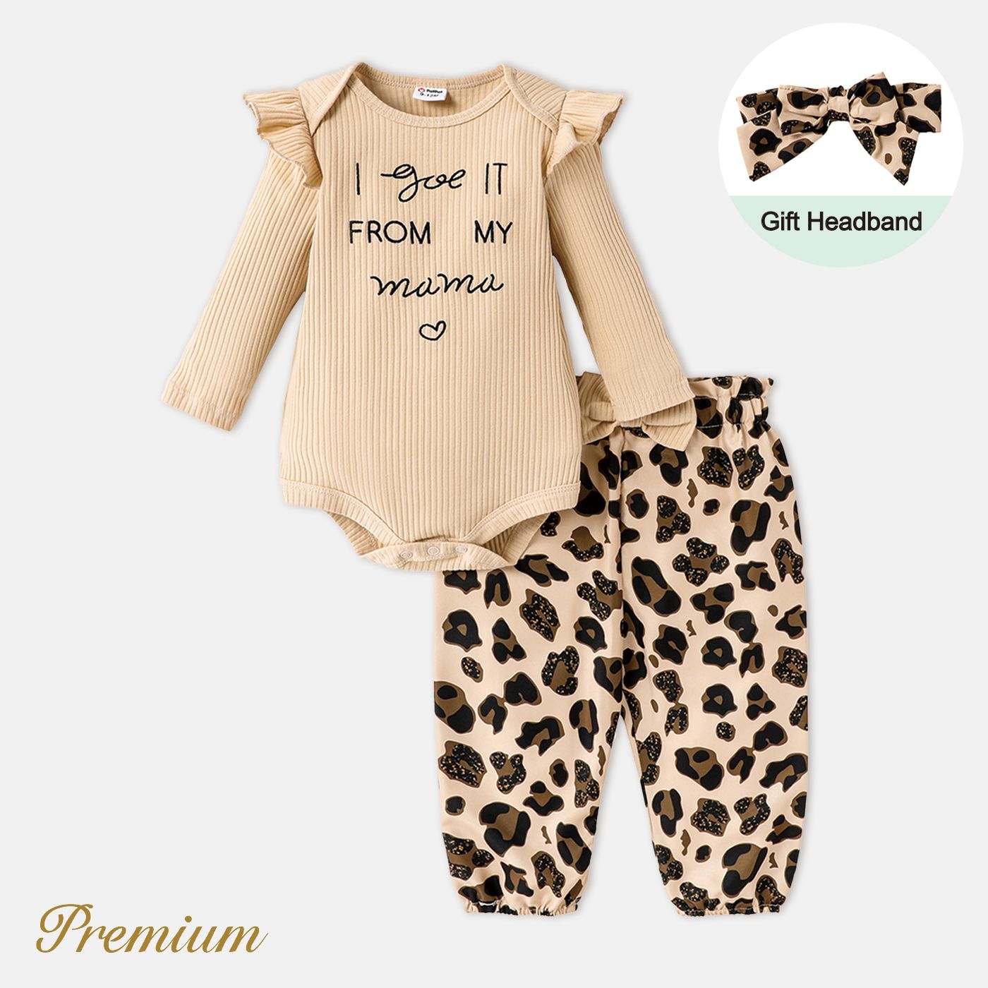 3pcs Baby Girl Cotton Ribbed Letter Embroidered Ruffle Long-sleeve Romper And Leopard Print Pants & Headband Set