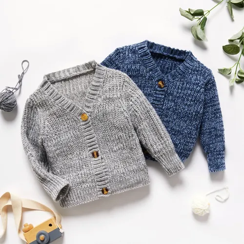 Toddler Boy Solid Color   Button and Floral Texture Design Sweater 
