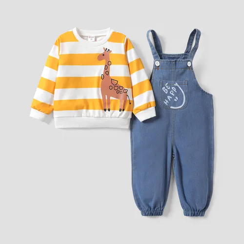 2pcs Toddler Boy Childlike Giraffe Animal Pattern Top/ Button/Secret Button Design Overalls Sets 