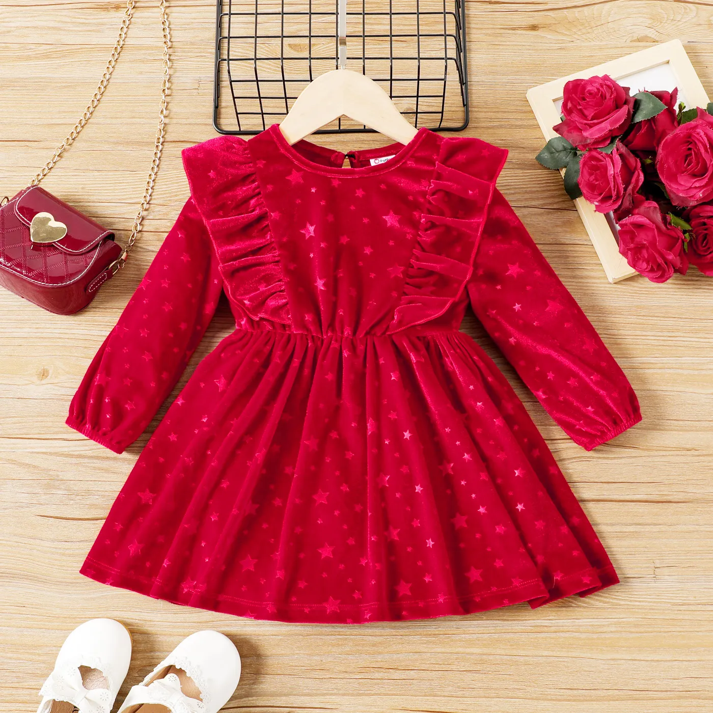 Toddler Girl Sweet Stars/Moon/Clouds Pattern Ruffle Edge Dress