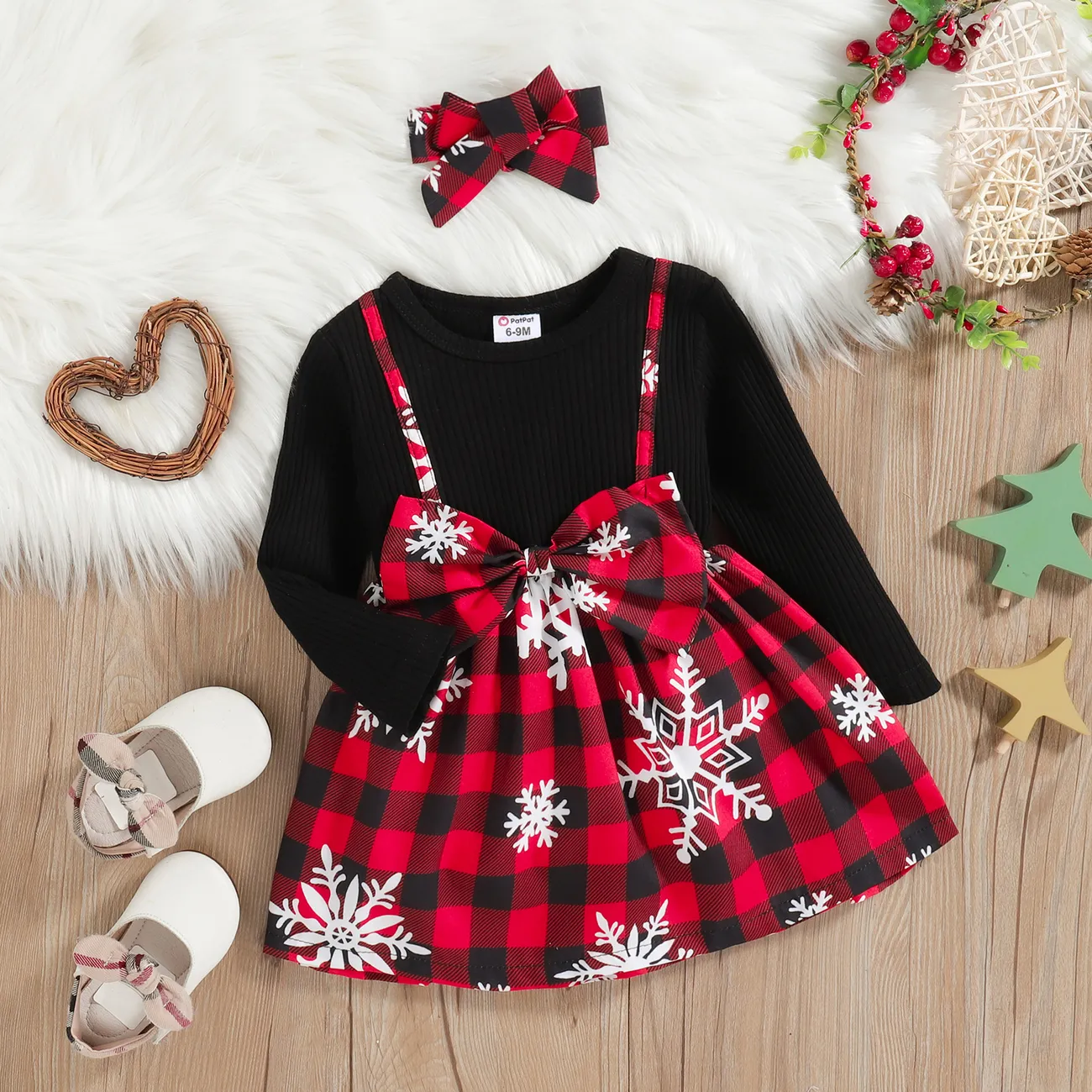Christmas 2pcs Baby Girl 93% cotton Sweet Dress with Headband big image 1