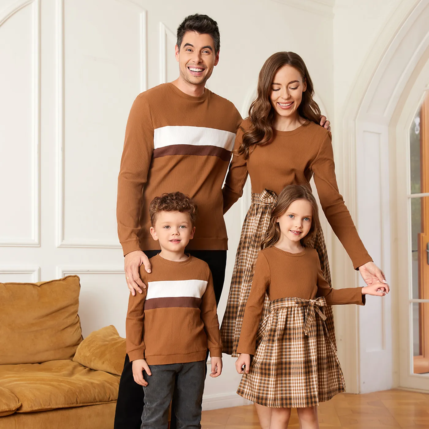 Family Matching Coffee Ribbed Spliced Plaid Belted Dresses and Long-sleeve Colorblock Tops Set  image 3