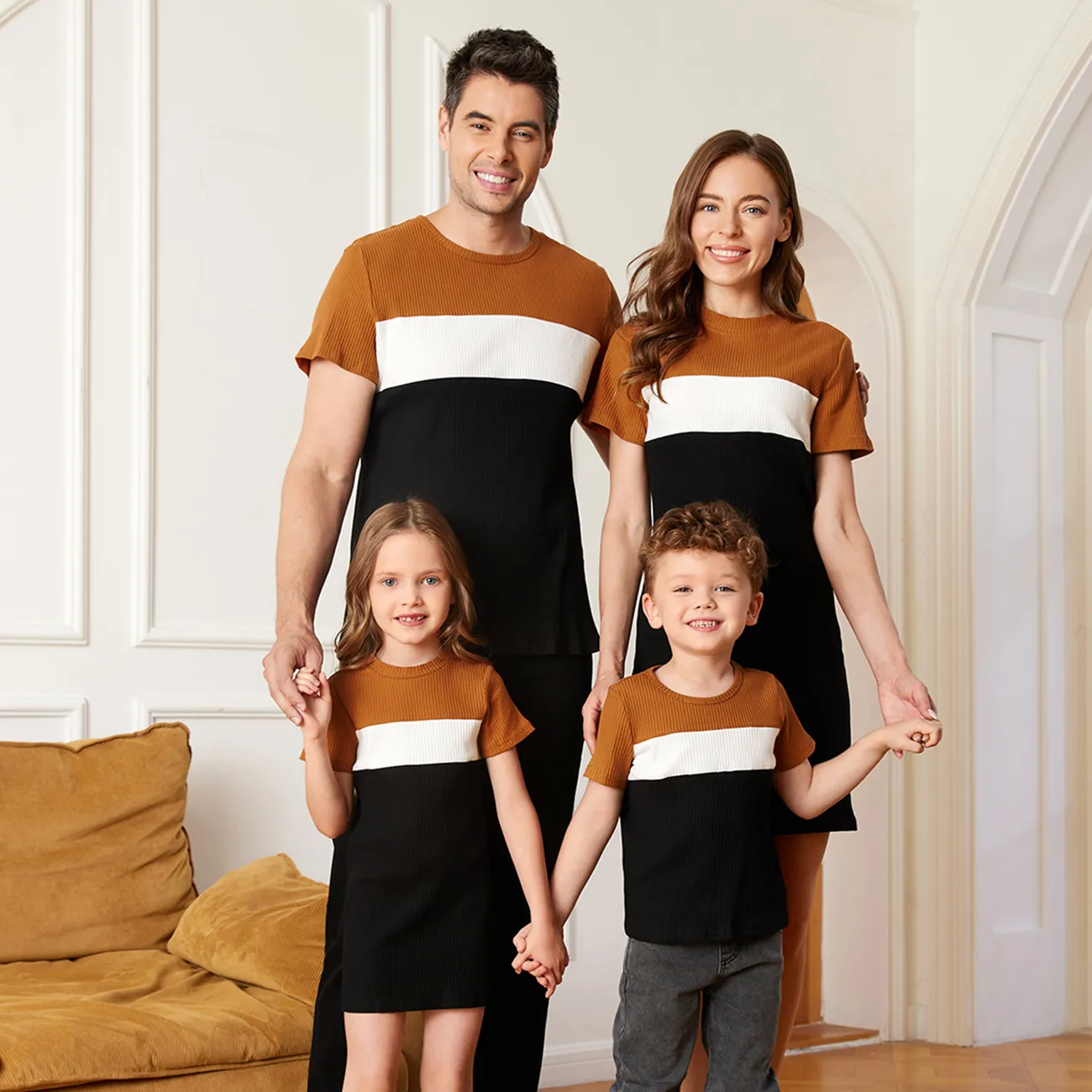 Family Matching Cotton Short-sleeve Colorblock Rib Knit Mock Neck Bodycon Dresses and Tops Sets YellowBrown big image 1