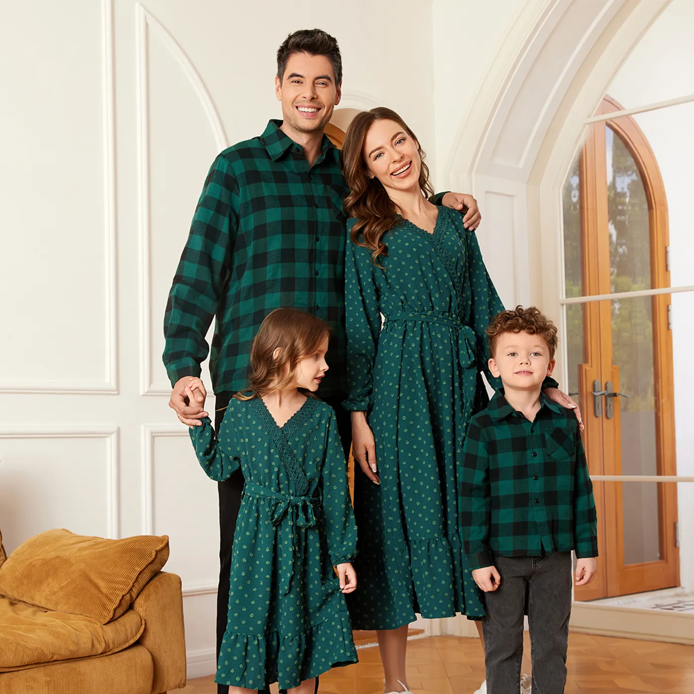 Family Matching Green Surplice Neck Belted Dresses and Plaid Shirts Sets Green image 3