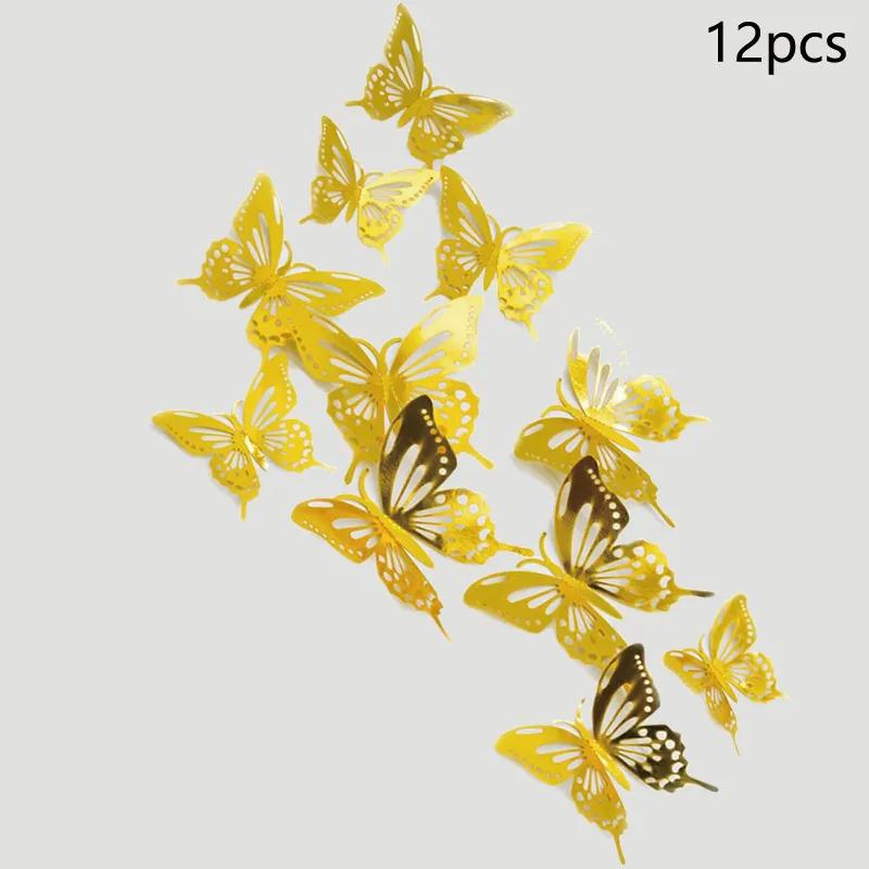 Pack of 12 Creative 3D Hollow-out Butterfly Metallic Stickers for Wall Decoration Gold big image 1