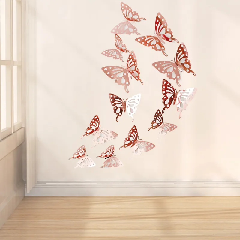Packung mit 12 kreativen 3D-Aushöhlungs-Schmetterlings-Metallic-Aufklebern für die Wanddekoration Rosengold big image 1