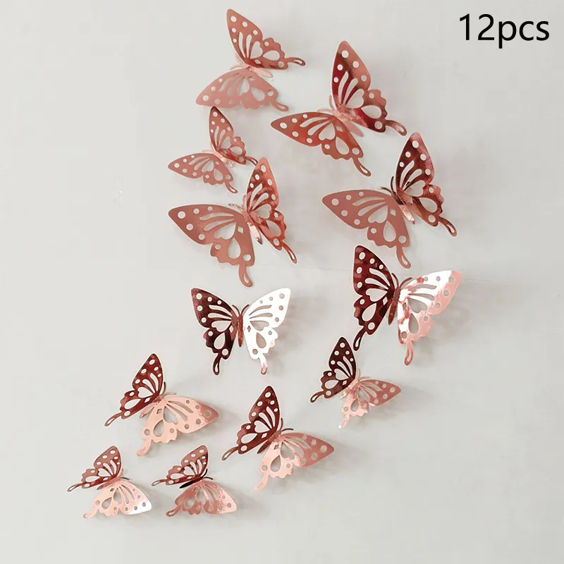 Pack de 12 pegatinas metálicas de mariposa hueca 3D creativas para decoración de paredes Oro rosa big image 1