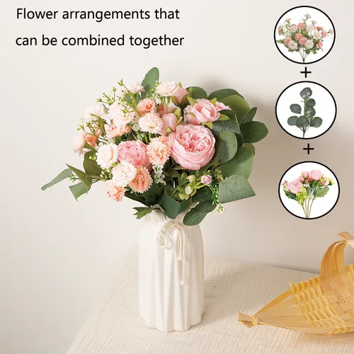 Combinaisons de mélange et d’assortiment disponibles: bouquets de fleurs artificielles d’œillet, de pivoine et d’eucalyptus pour la décoration intérieure et de fête