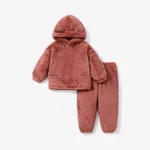 2-piece Toddler Girl/Boy Ear Design Fuzzy Hoodie Sweatshirt and Pants Dark Pink