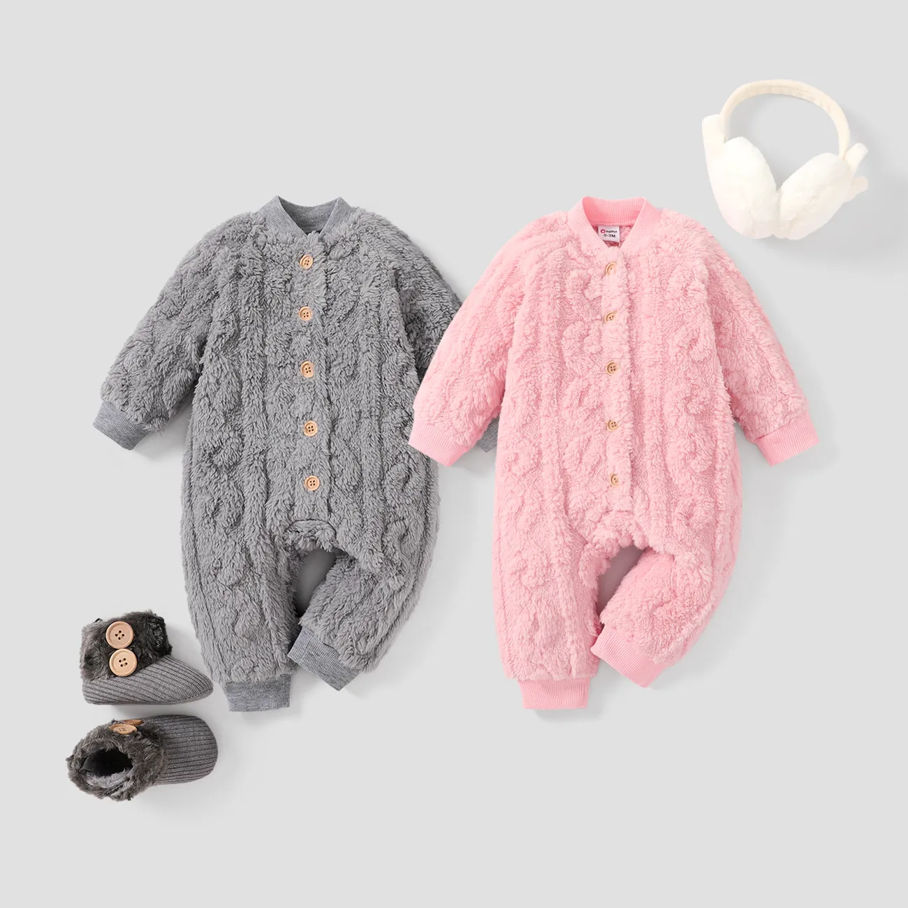 Baby Girl/Boy Button Design Basic Solid Color Jumpsuit  Light Grey big image 1