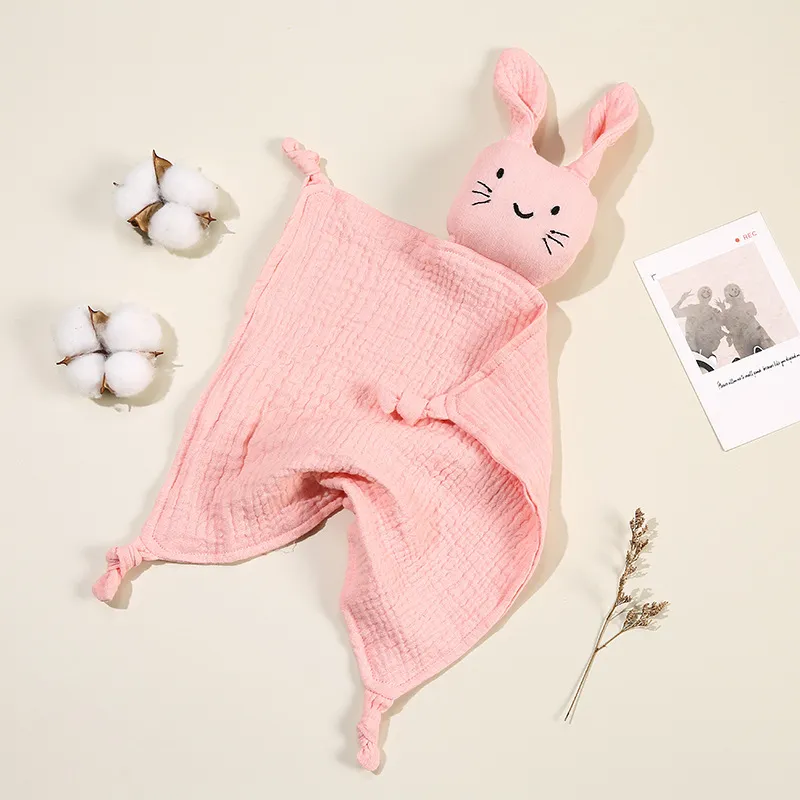 Rabbit Muslin Cotton Double-Layered Baby Drool Bib Pink big image 1