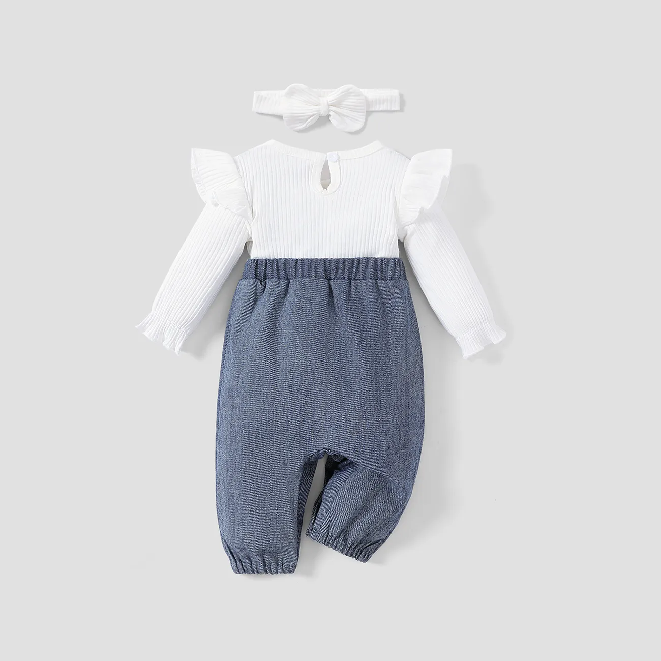 2pcs Baby Girl Sweet Bow Print Long Sleeve Denim Jumpsuit Set Blue big image 1